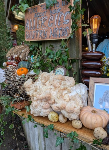 A display of mushrooms, pumpkins, and a food allergy sign at an outdoor market stall.