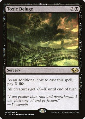 Toxic Deluge Magic: The Gathering card featuring dark storm clouds and acidic rain falling on a desolate landscape.