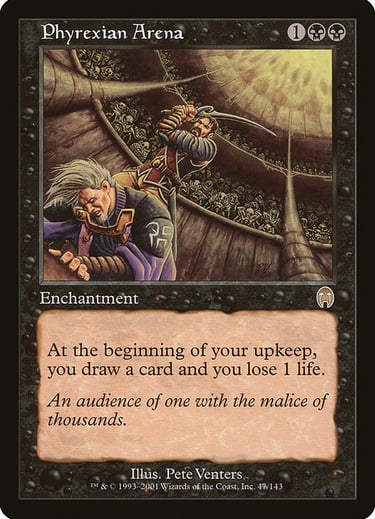 Phyrexian Arena Magic: The Gathering card featuring gladiators fighting in a dark coliseum.