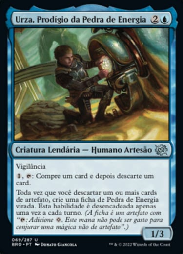 Urza, Powerstone Prodigy Portuguese Magic: The Gathering card with legendary creature art.