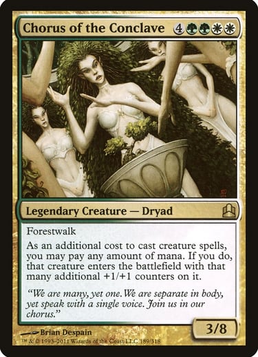 Magic: The Gathering card Chorus of the Conclave featuring dryad fantasy art with green and white mana symbols.