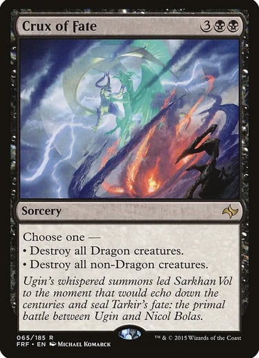 Crux of Fate Magic the Gathering trading card featuring Ugin and Nicol Bolas fighting.