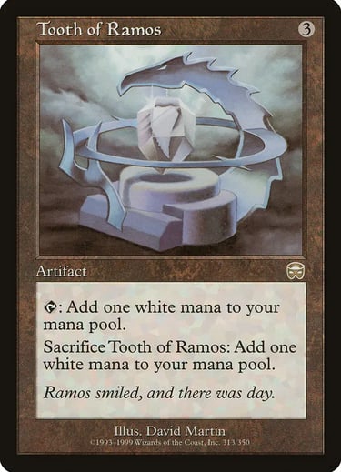 Tooth of Ramos Magic the Gathering card featuring a white mana artifact crystal in a metal frame.