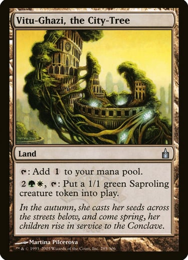 Vitu-Ghazi, the City-Tree Magic: The Gathering land card featuring a massive tree integrated into stone architecture.