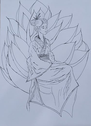 Dibujo a lápiz de Óscar Ocaña Parrón; una princesa oriental está sentada en un Trono con forma de Flor de Loto