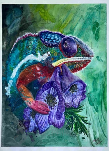 aquarell-chamaeleon-mit-eisenhut-surkow-art-paul-surkow