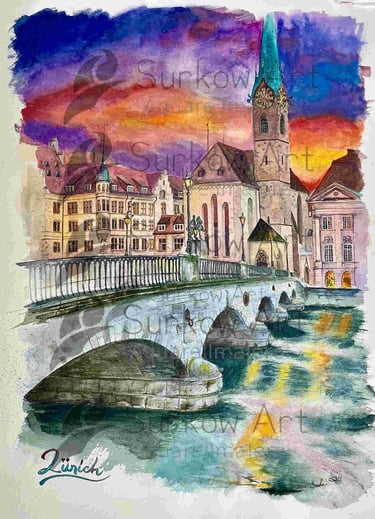 aquarell-zuerich-fraumuenster-surkow-art-paul-surkow