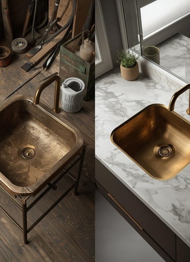Before and after comparison of a brass sink renovation with marble countertop in Daystar Trade.