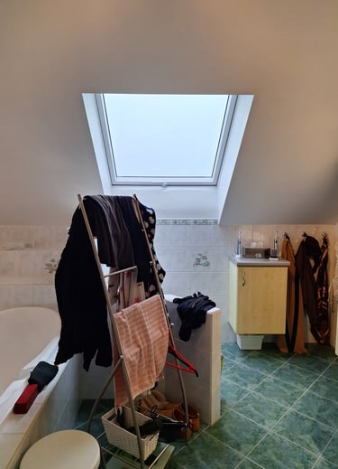 Salle de bain avant rénovation avec un velux, une baignoire et des meubles