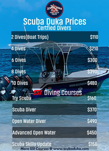 Scuba Duka price list for certified diving packages and SSI diving courses at Diani Beach, Kenya.