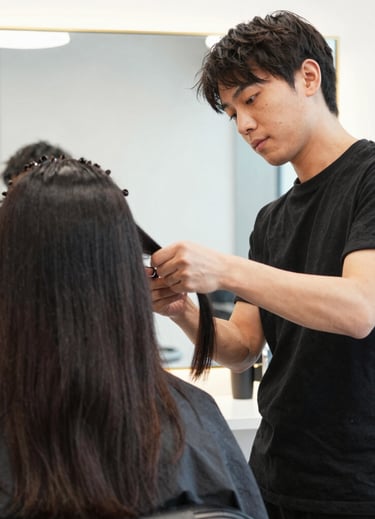 Close-up of hands applying rich hair color in a luxurious salon environment.