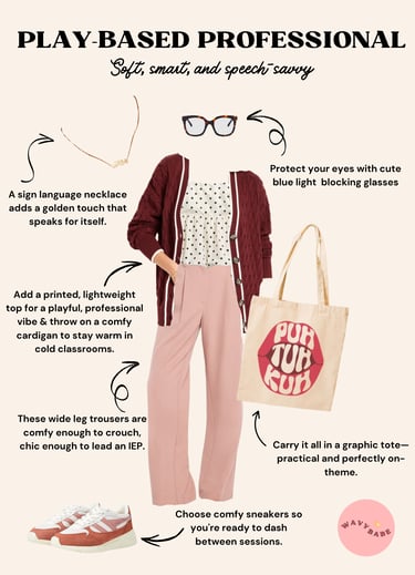 slp outfit idea for back to school with words "play-based professional"