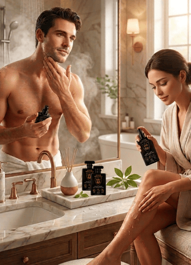 alt="Using Angkor Shield Spray as a soothing aftershave for face and legs"