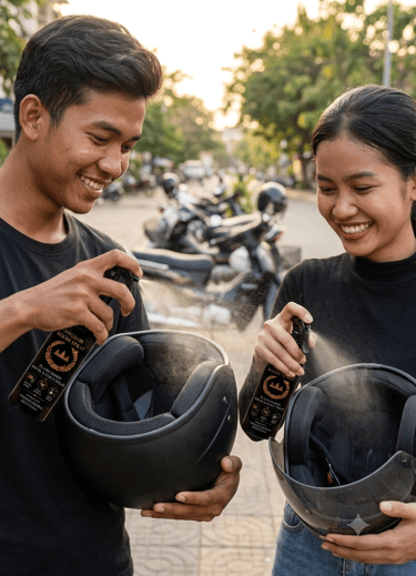 alt="Using Angkor Room Spray as a helmet freshener to clear out sweat odors"