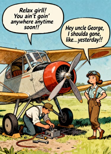a cartoonish airplane with a plane mechanic talking to girl pilot, subject technical general