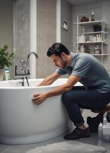 a man in a black shirt is cleaning a bathtub