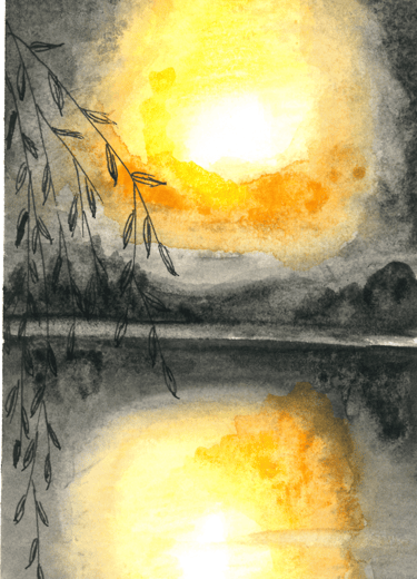 a painting of a sunset over a lake