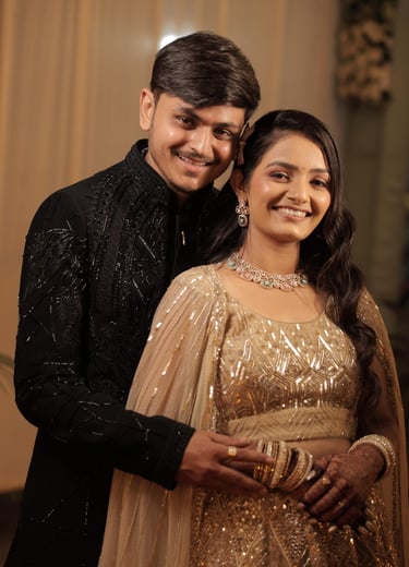 reception bride and groom look, couple photoshoot, r&d bridal makeup studio and salon vadodara