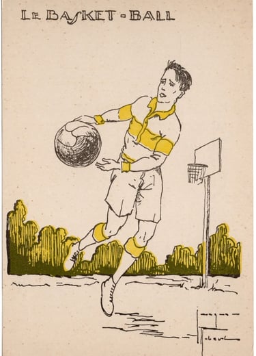 Rare French Postcard of basketball illustration from the 1930s