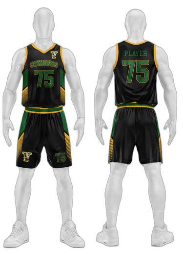 a male basketball player's uniform with a green and yellow jersey