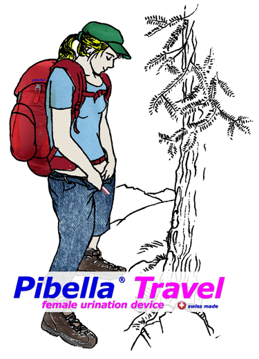Woman demonstrating the standing use of Pibella Travel in a hand-drawn vector sketch.