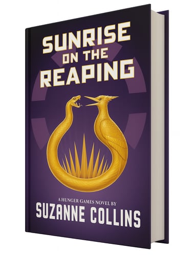 Sunrise on the Reaping book by Suzanne Collins with purple and gold cover