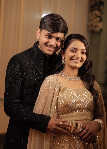 reception bride and groom look, couple photoshoot, r&d bridal makeup studio and salon vadodara