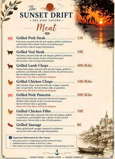 Meat menu for The Sunset Drift Tavern by John’s Guesthouse, featuring grilled pork steak, veal steak