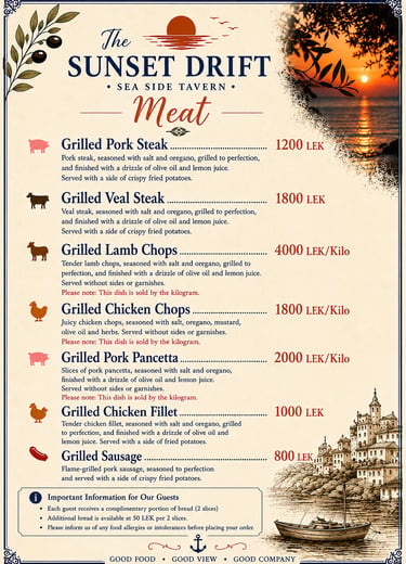 Meat menu for The Sunset Drift Tavern by John’s Guesthouse, featuring grilled pork steak, veal steak