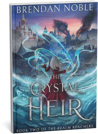 Fantasy novel cover for The Crystal Heir by Brendan Noble featuring a mage casting blue magic.