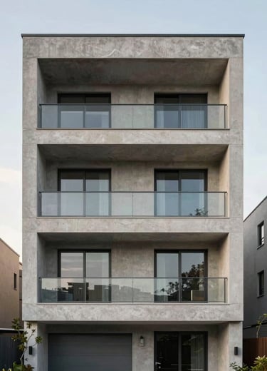 Straight-on architectural elevation of a modern concrete and Portuguese limestone residential facade, soft morning overcast light, clean lines.