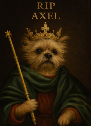 Renaissance style oil painting of a dog king wearing a crown and holding a royal scepter.