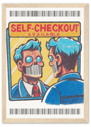 illustration satirique au crayon de couleur "self-checkout" imprimée poster