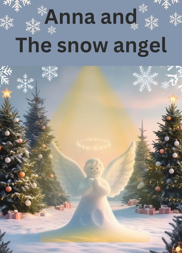 a snow angel in a snowy scene with christmas trees