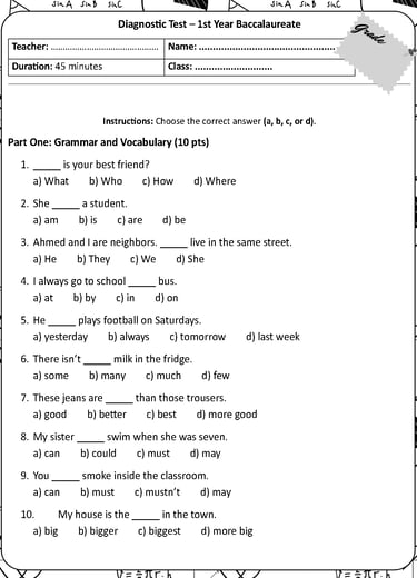 Diagnostic test 1st year Baccalaureate - Moroccan English teachers