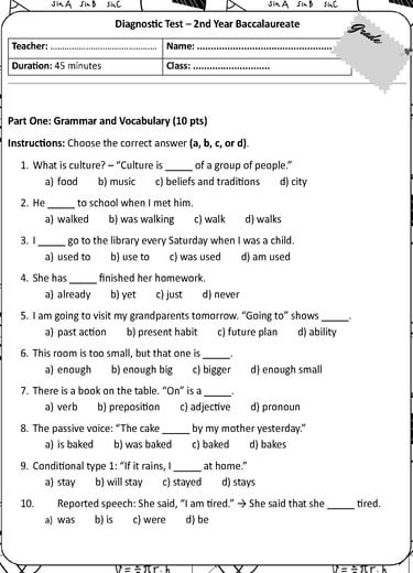 Diagnostic test 2nd year Baccalaureate - Moroccan English teachers