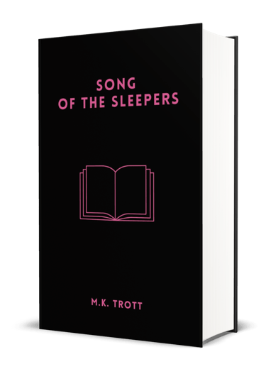 A black book cover featuring a bright pink line drawing of an open book