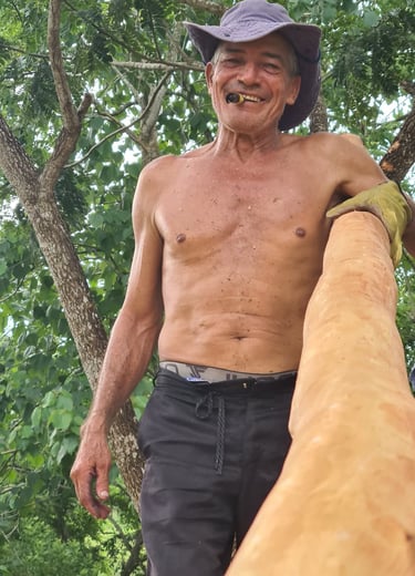 A shirtless male worker smiling and holding a large wooden log while wearing a sun hat outdoors.