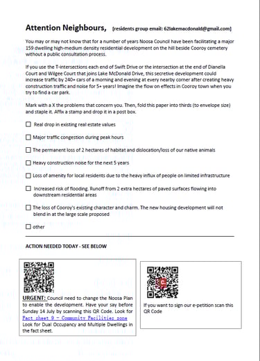 A handout to residents. Double sided for individual completion then folding and mailing to Council.