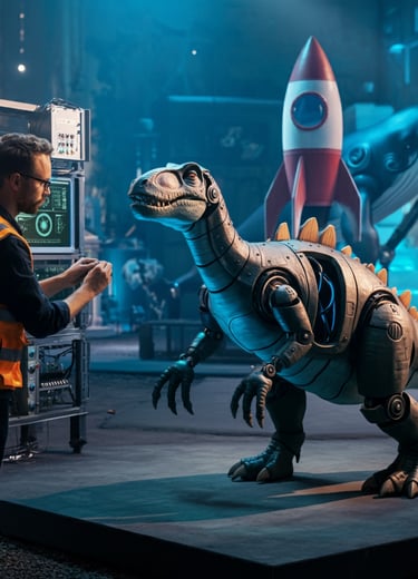 a man in a yellow vest and a dinosaur costume