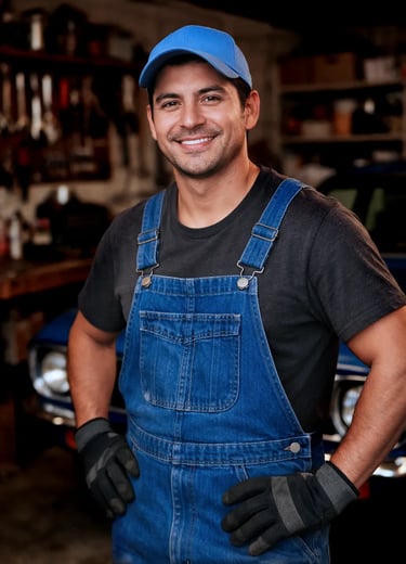 Meccanico sorridente in officina, personalità Hulemex ispirata all’uomo comune vicino alle persone.