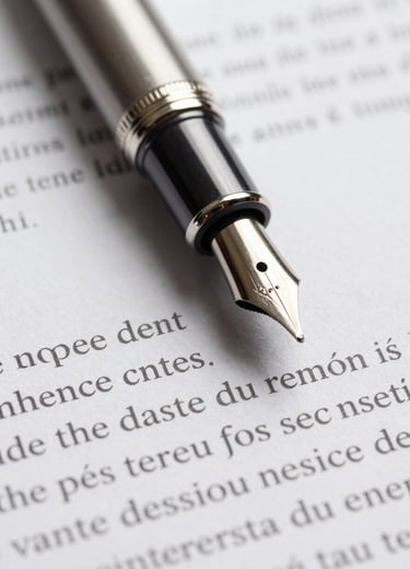 Macro close-up of a fountain pen resting on structured legal documents with elegant French text, soft side lighting, professional and quiet atmosphere