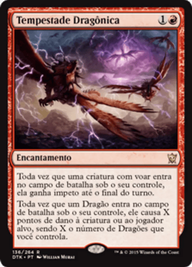 Dragon Tempest Magic the Gathering card in Portuguese featuring flying dragons and purple lightning bolts.