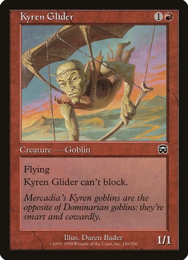Kyren Glider Magic: The Gathering card featuring a goblin flying a primitive glider over a sunset landscape.