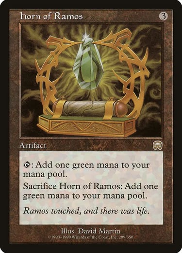 Magic: The Gathering Horn of Ramos artifact card featuring a glowing green gemstone in a gold frame.