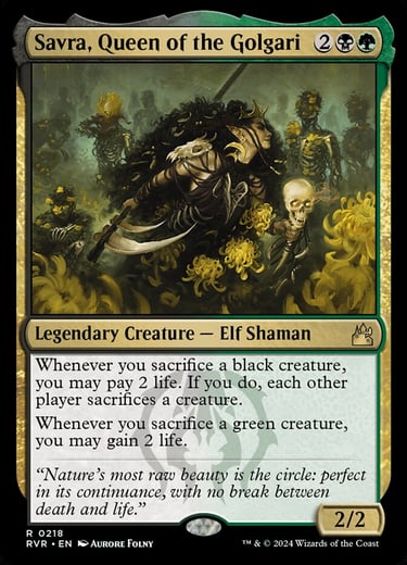Savra, Queen of the Golgari, a powerful elf shaman in Magic: The Gathering, stands amidst skeletons and green foliage