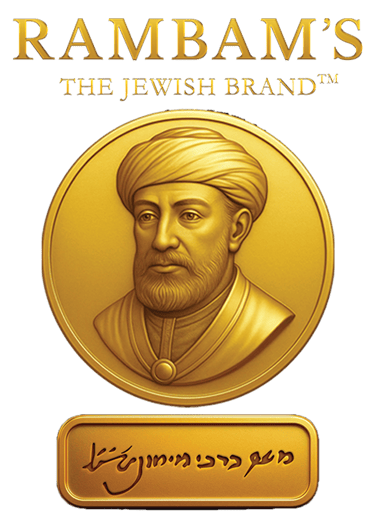 RAMBAM'S™ logo with THE JEWISH BRAND™, and a gold Rambam medallion & gold plaque engraved in Hebrew