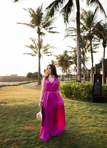 Portrait session walking under tropical palm trees at Alila Soori Tabanan Bali