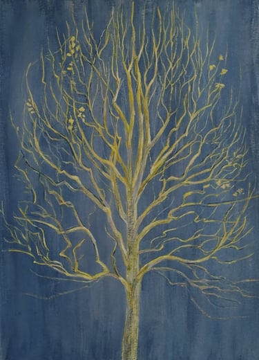 A watercolor featuring a blue-green background and a gold-green toned tree