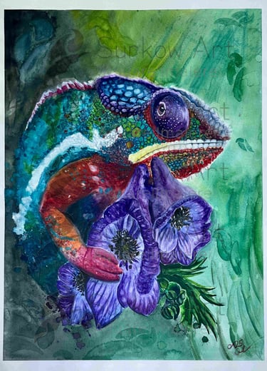 aquarell-chamaeleon-mit-eisenhut-surkow-art-paul-surkow